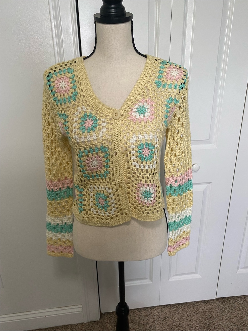 Cotton Emporium Yellow Crochet Button-Front Women's Sweater Cardigan